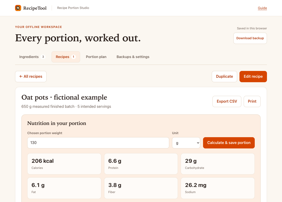 Recipe Portion Studio showing 206 kcal and nutrition estimates for the fictional 130 g portion.
